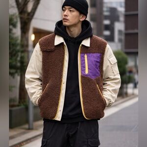 Men’s Japanese Colorblock Utility Sherpa Jacket Canvas Gorpcore Streetwear Boxy